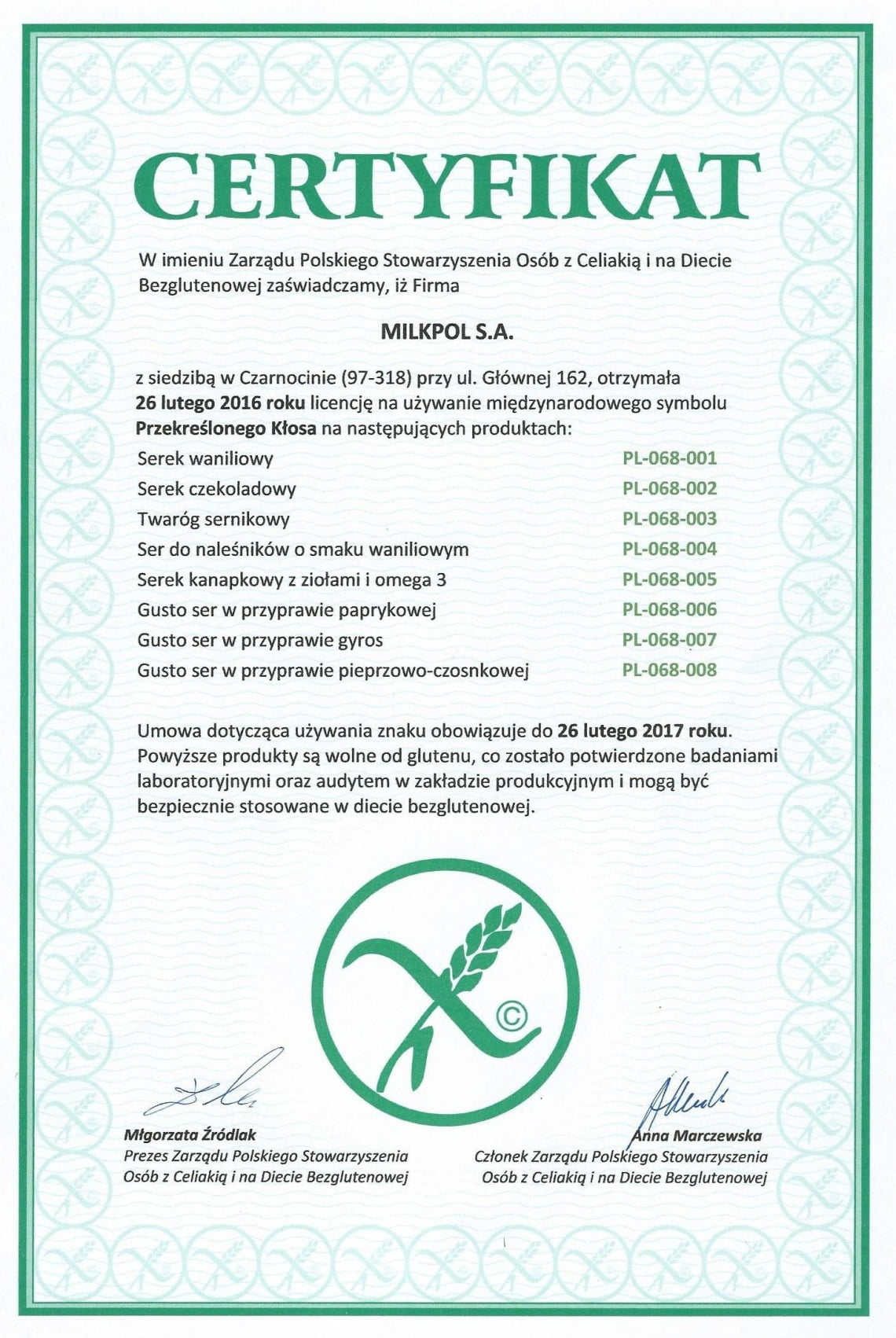 Certyfikat Zarządu Polskiego Stworzyszenia Osób z Celiakią i na Diecie Bezglutenowej