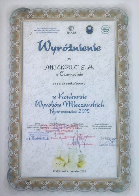 Wyróżnienie - Dyplom w Konkursie wyrobów mleczarskich 2015